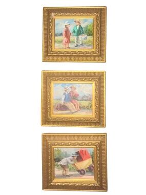 Set of 3 Vintage-Style Mini Framed Paintings - Gold Frames